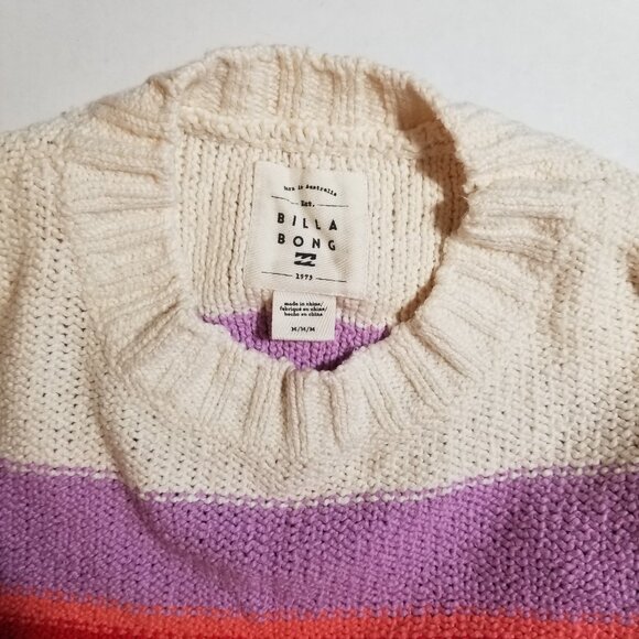 Billabong Striped Knit Sweater Cropped Lavender Orange Crew Neck Top Medium - Picture 3 of 7